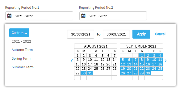 The user has chosen to select custom dates. A pop-up calendar is open, allowing the user to choose the dates. The dates can also be entered in the fields above the calendar. The Apply and Cancel buttons are in the upper-right corner of the pop-up window.