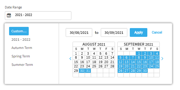 The user has chosen to select custom dates. A pop-up calendar is open, allowing the user to choose the dates. The dates can also be entered in the fields above the calendar. The Apply and Cancel buttons are in the upper-right corner of the pop-up window.