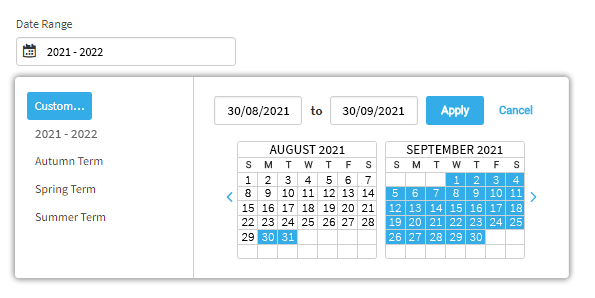 The user has chosen to select custom dates. A pop-up calendar is open, allowing the user to choose the dates. The dates can also be entered in the fields above the calendar. The Apply and Cancel buttons are in the upper-right corner of the pop-up window.