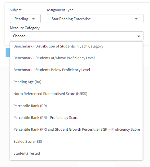 With Reading as the Subject and Star Reading Enterprise as the Assignment Type, the Measure Category drop-down list has 10 options available.