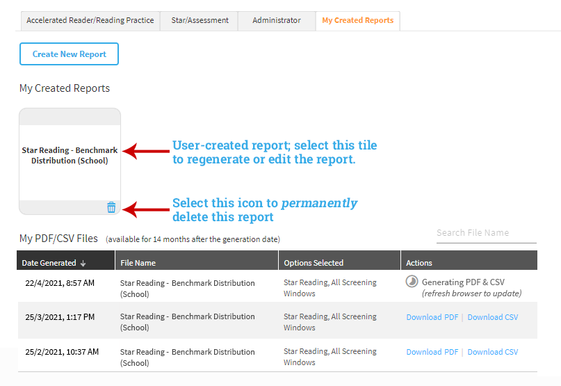 The My Created Reports tab, with tile for the newly-created report. In the future, you can select this tile to regenerate or edit the report. In the lower-right corner of the tile is a trash can icon; select it to permanently delete the report.