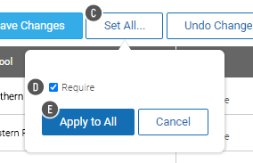 The Set All button has been selected; the setting for all schools is in a pop-up window. The Apply to All and Cancel buttons are at the bottom.