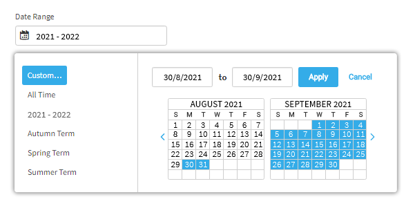 The user has chosen to select custom dates. A pop-up calendar is open, allowing the user to choose the dates. The dates can also be entered in the fields above the calendar. The Apply and Cancel buttons are in the upper-right corner of the pop-up window.
