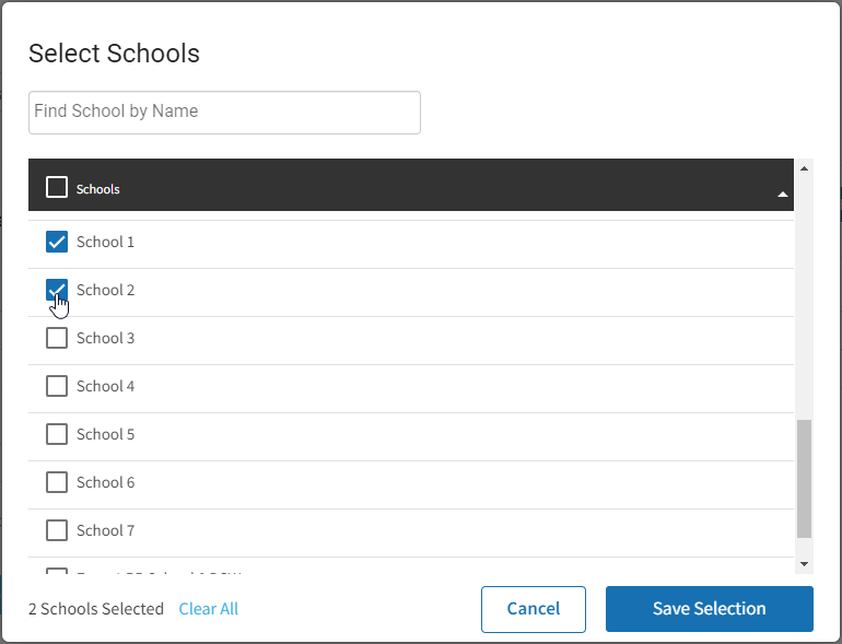 the school selection window with two schools ticked