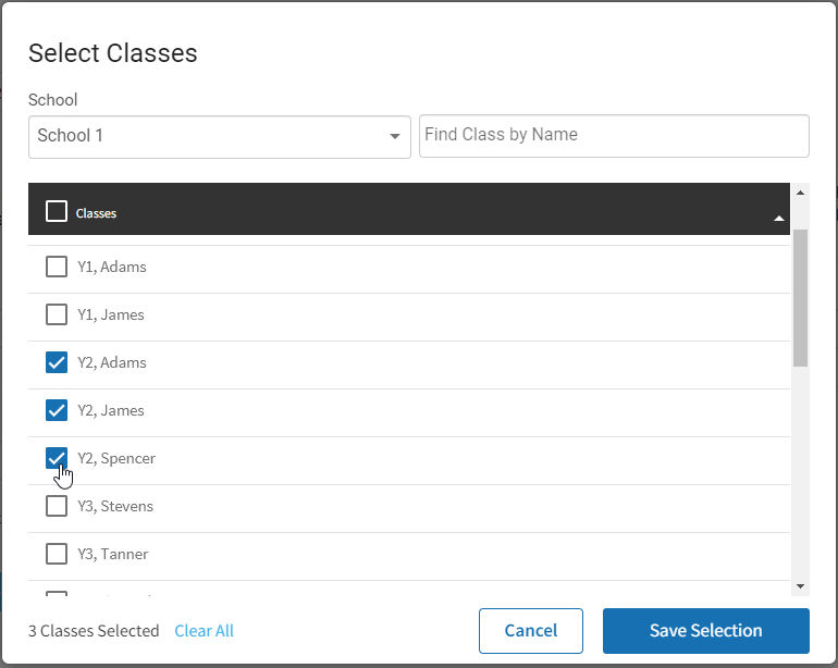 the Classes window with some classes ticked