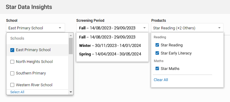 The School, Screening Period, and Products drop-down lists.