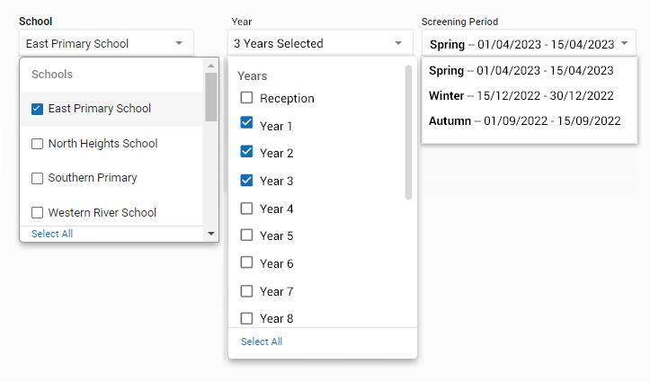 The School, Year and Screening Period drop-down lists.