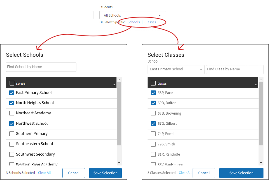 Examples of the pop-up windows that appear when the Schools or Classes links are selected. In each case, a search field at the top lets you search for specific schools or classes; a box above the listed schools or classes lets you select or deselect all of them at once; and the Clear All link, Cancel button and Save Selection buttons are at the bottom.