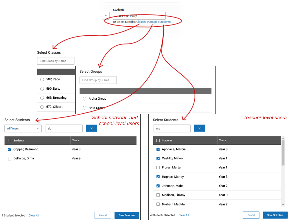 The windows where a user can select a specific class, group, or students.