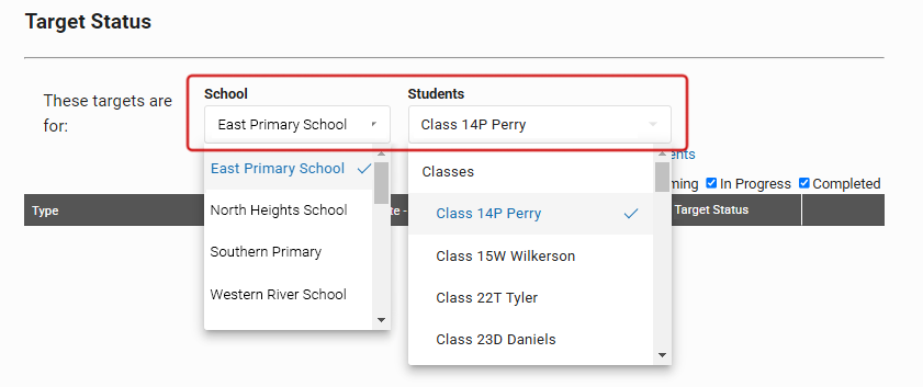 The School and Students drop-down lists.