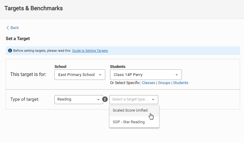 Reading has been selected for the target category in the first drop-down list; the two different target types for reading are available in the second drop-down list.