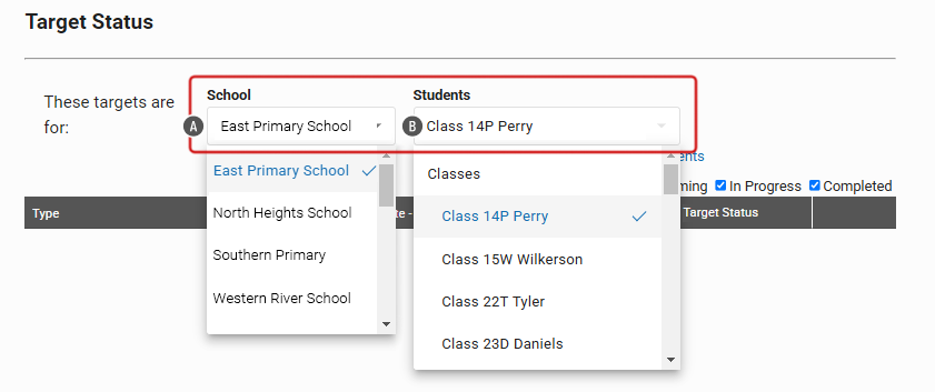 The School and Students drop-down lists.