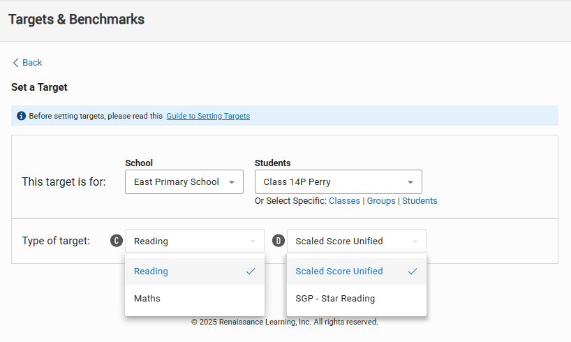 The Set a Target Page: Reading is the selected target category, and Scaled
    Score Unified is the selected target type.