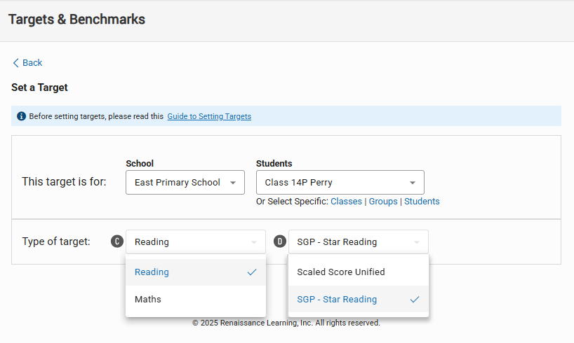 The Set a Target Page: Reading is the selected target category, and SGP -
    Star Reading is the selected target type.