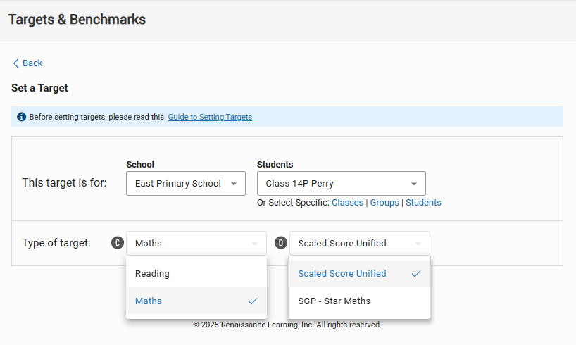 The Set a Target Page: Maths is the selected target category, and Scaled
    Score Unified is the selected target type.