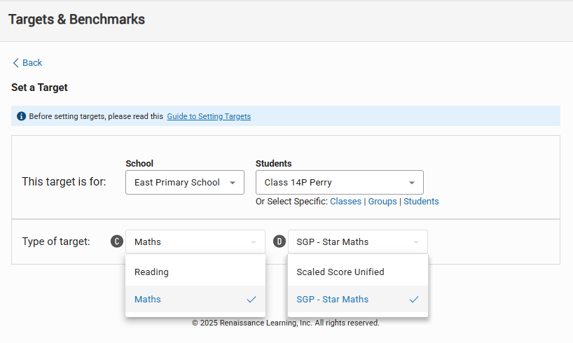 The Set a Target Page: Maths is the selected target category, and SGP - Star
    Maths is the selected target type.